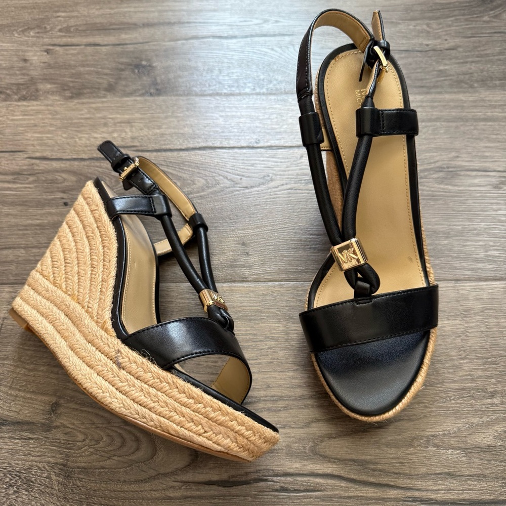 Michael Kors Annie Black Leather Espadrille Wedge Sandals size 7 Women